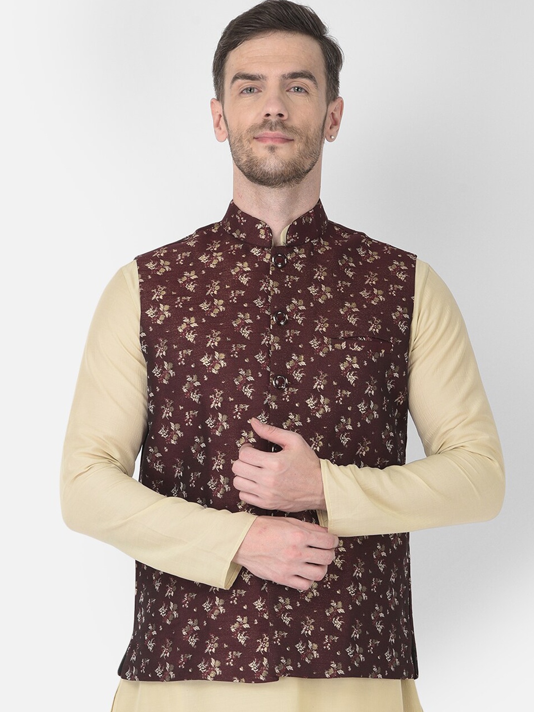 

SG LEMAN Men Maroon & Beige Printed Satin Nehru Jacket