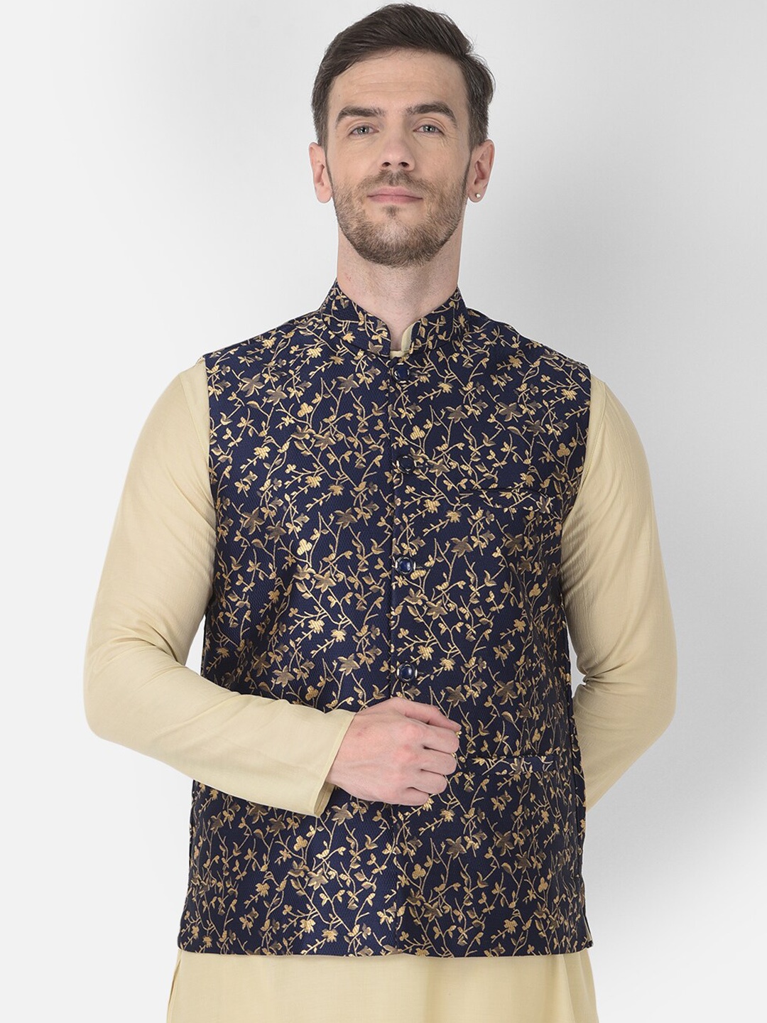 

SG LEMAN Men Navy Blue & Beige Printed Satin Nehru Jacket
