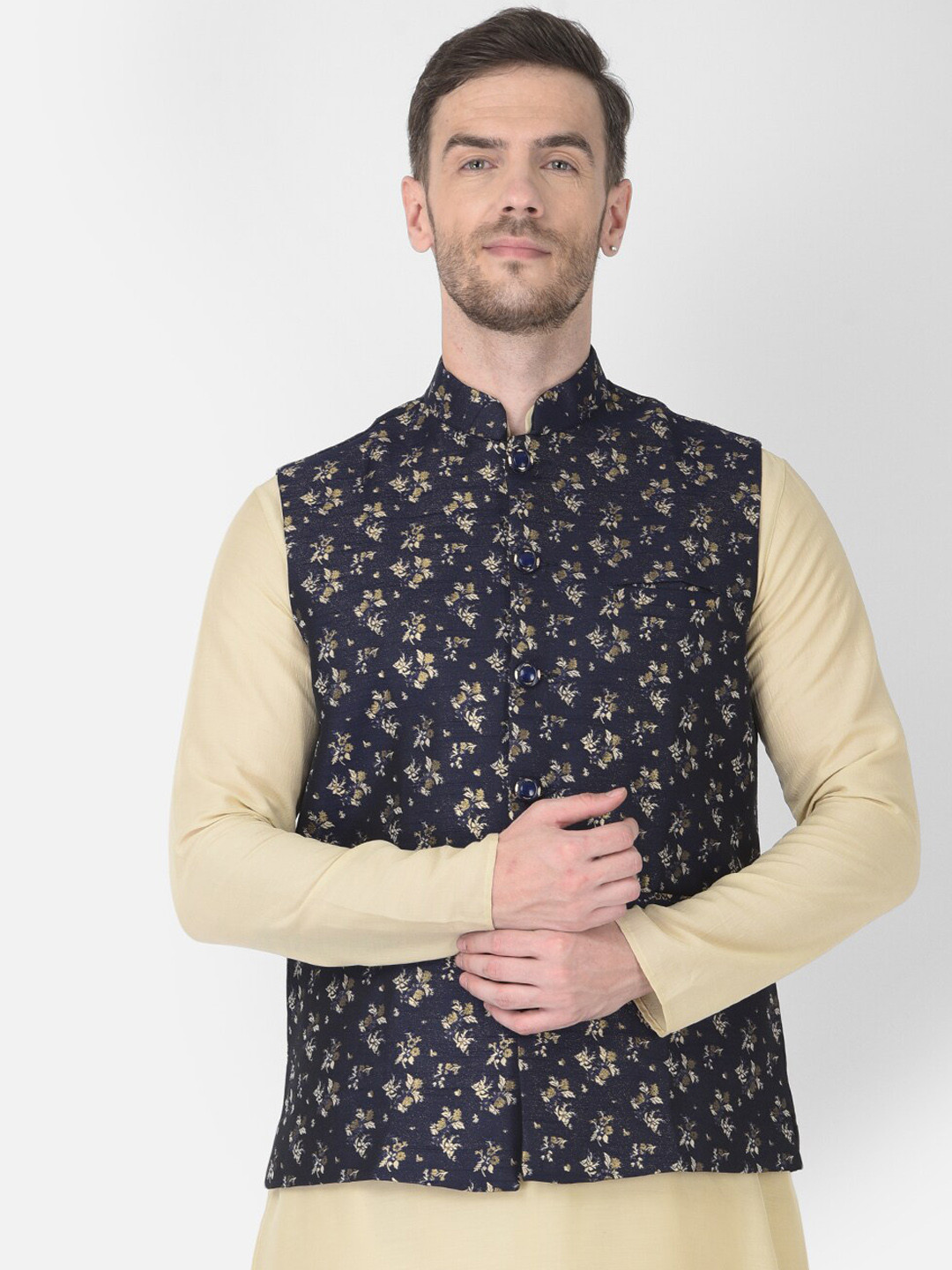 

SG LEMAN Men Navy Blue Printed Satin Nehru Jackets