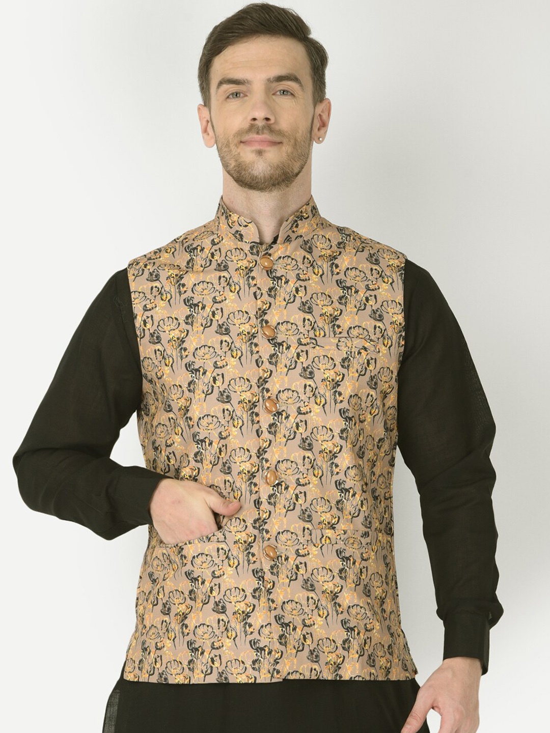 

SG LEMAN Men Camel Brown Printed Nehru Jackets
