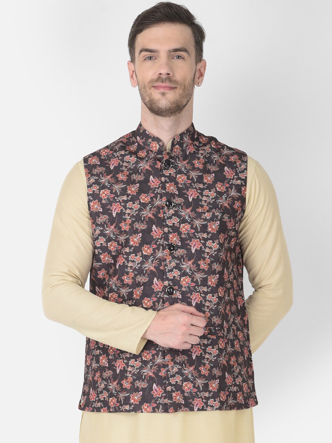 

SG LEMAN Men Black & Red Printed Nehru Jackets
