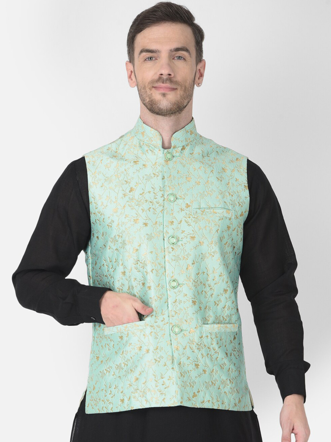 

SG LEMAN Men Turquoise Blue Printed Satin Nehru Jackets