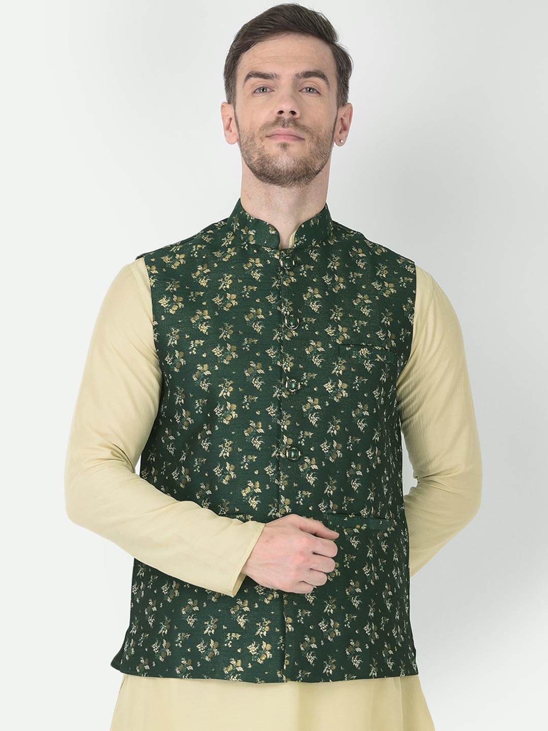 

SG LEMAN Men Teal-Blue & Beige Printed Satin Nehru Jacket