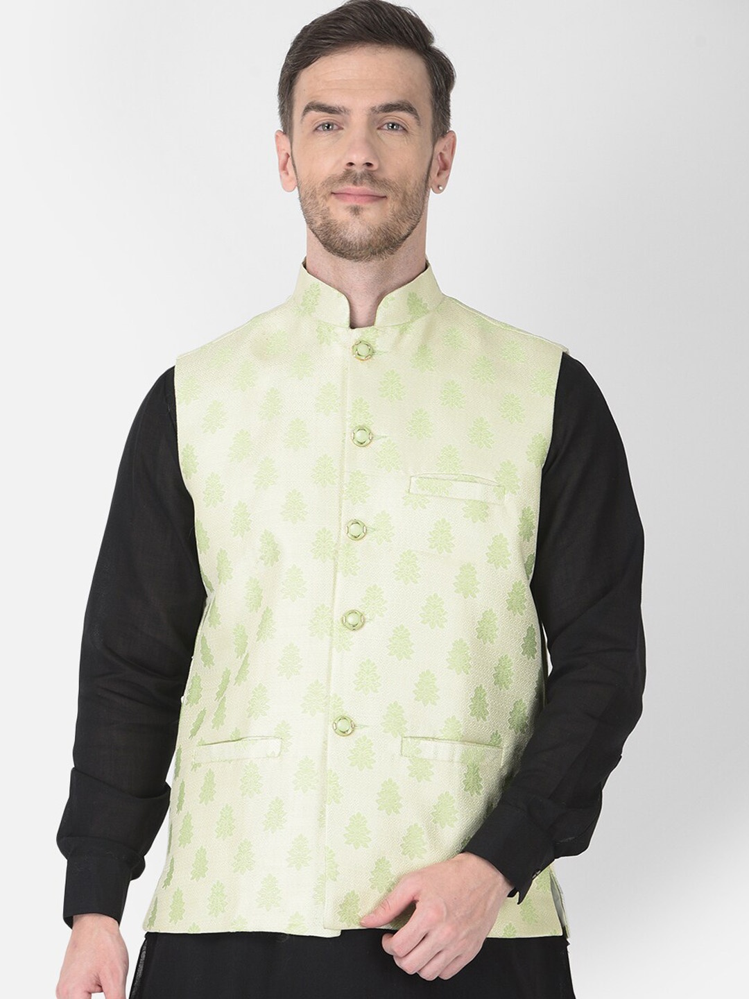 

SG LEMAN Men Sea Green Printed Nehru Jackets