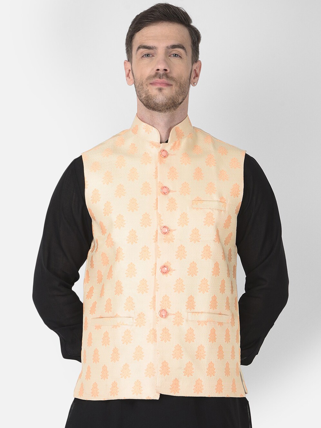 

SG LEMAN Men Peach-Colored Printed Nehru Jacket