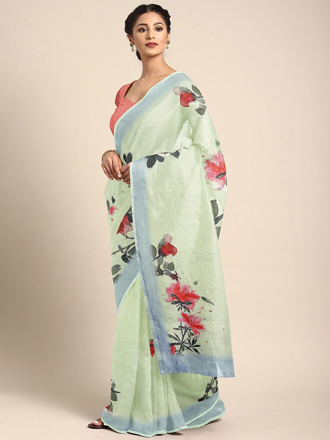 

Shaily Green & Red Floral Organza Saree