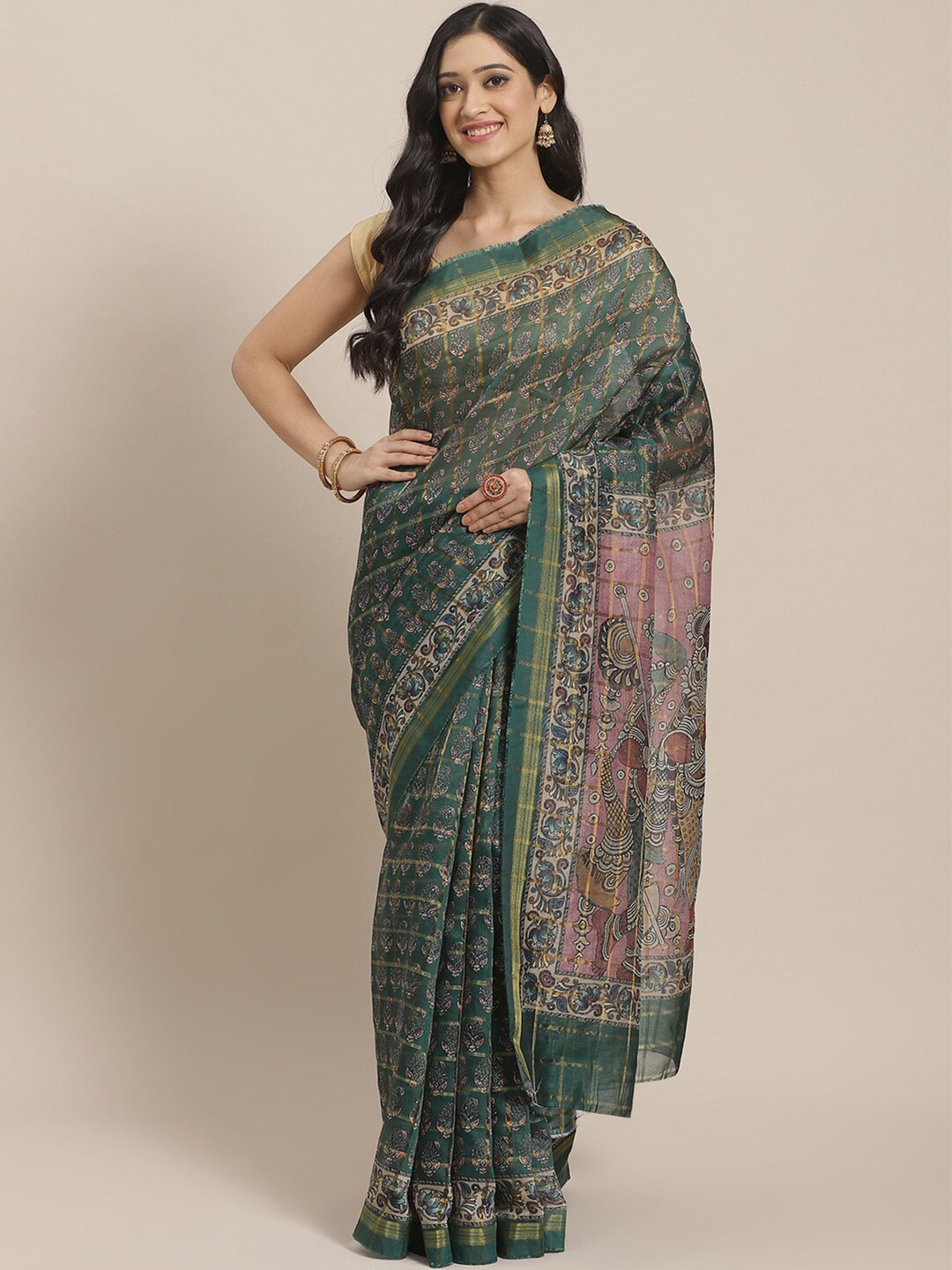 

Shaily Green & Pink Kalamkari Art Silk Saree