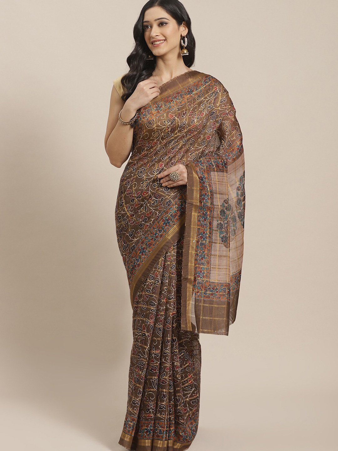 

Shaily Brown & Blue Kalamkari Printed Zari Art Silk Saree