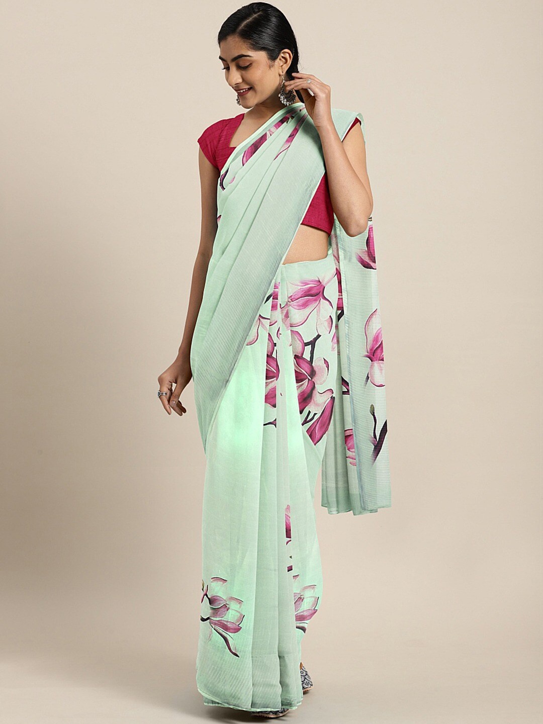 

Shaily Green & Pink Floral Organza Saree