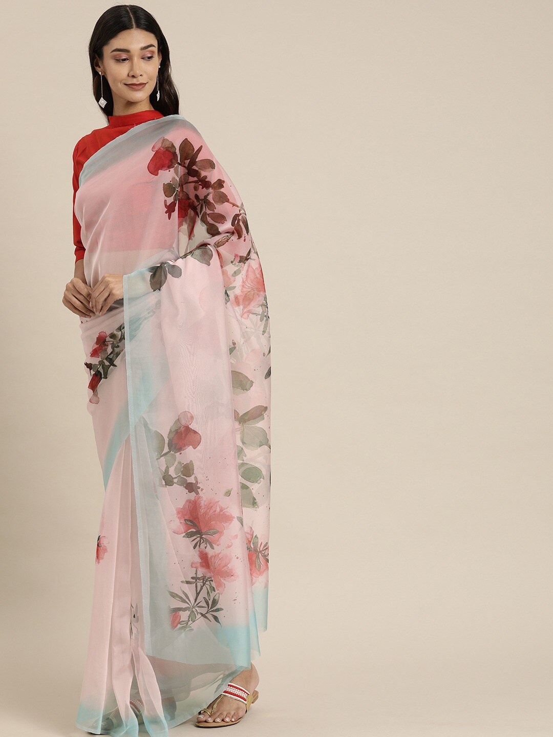 

Shaily Pink & Blue Floral Organza Saree