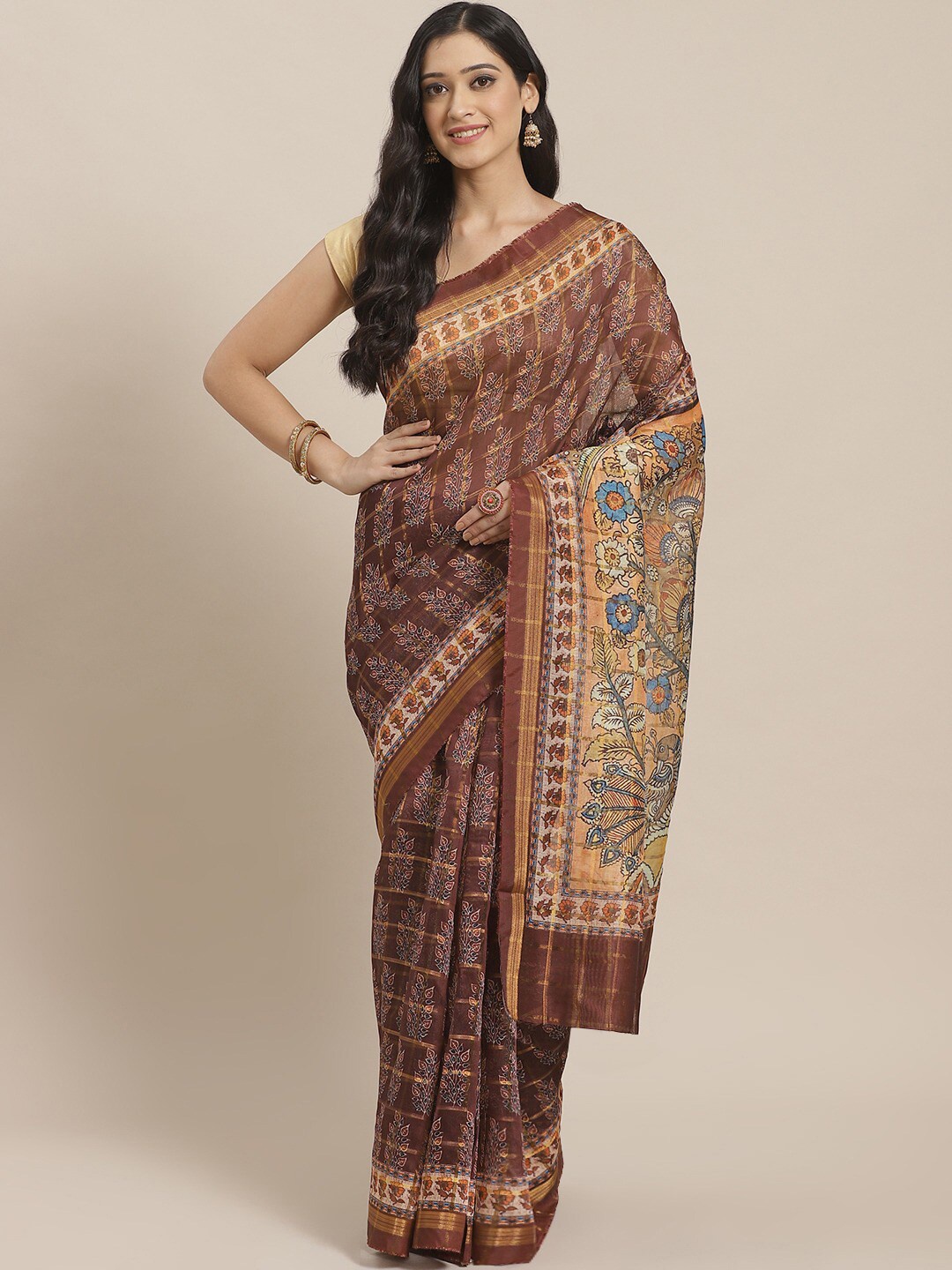 

Shaily Brown & White Floral Zari Art Silk Saree