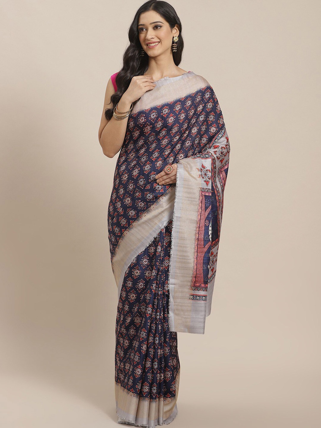 

Shaily Navy Blue & Pink Kalamkari Digital Printed Art Silk Saree