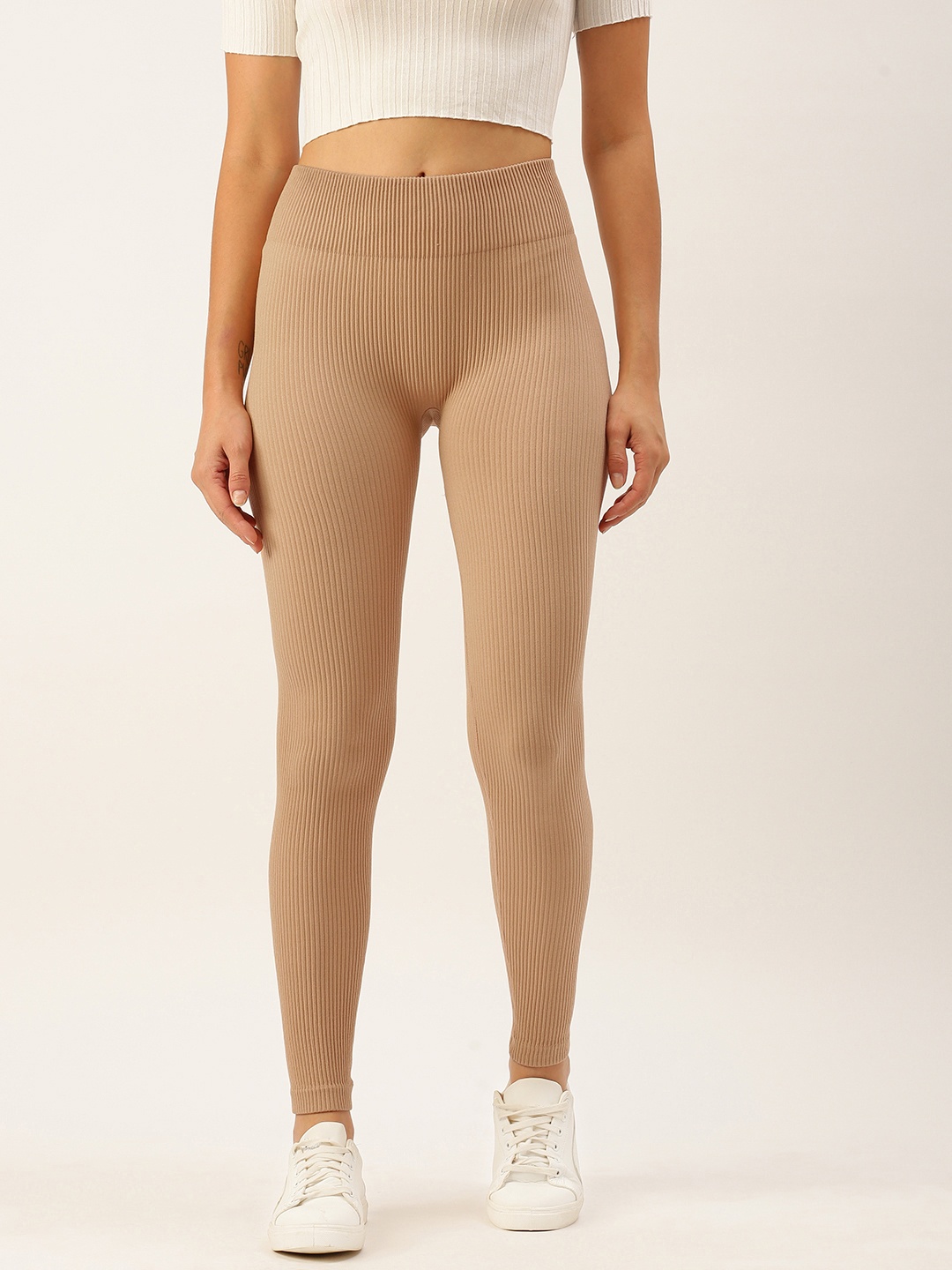 

FOREVER 21Women Beige Self Designed Ankle-Length Leggings