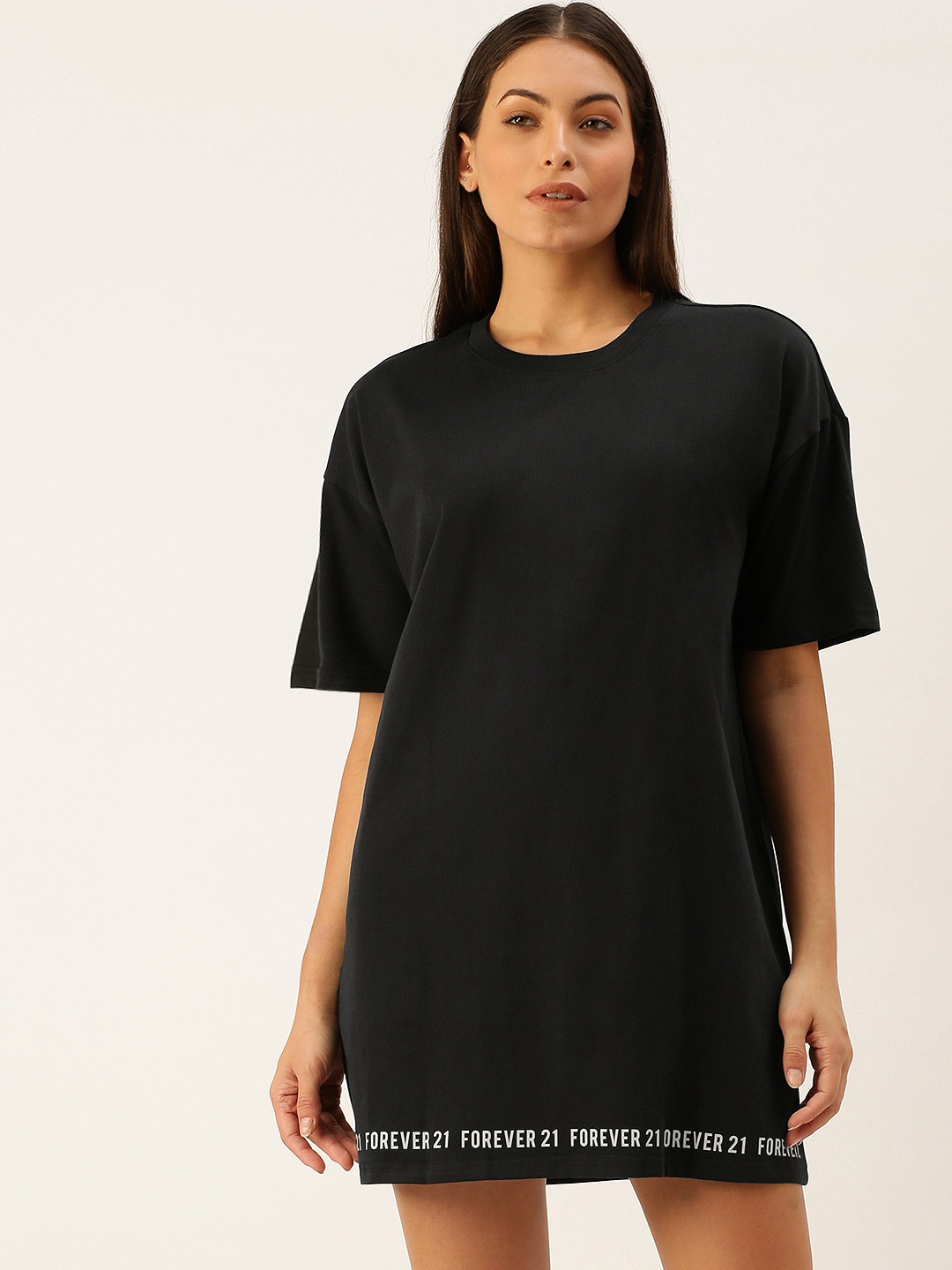 

FOREVER 21 Black Printed Drop-Shoulder T-shirt Mini Dress