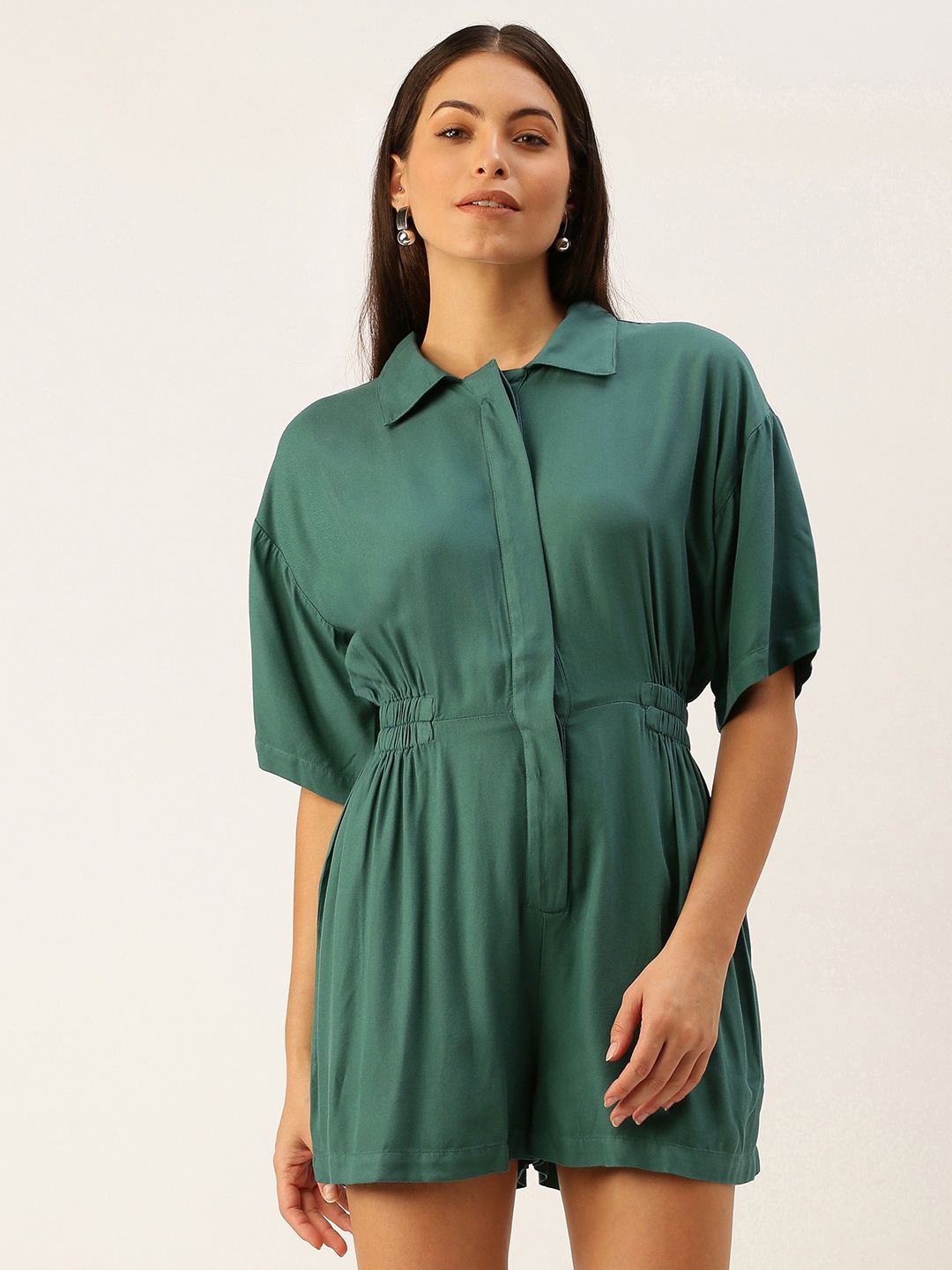 

FOREVER 21 Women Teal Green Solid Shirt-Collar Playsuit