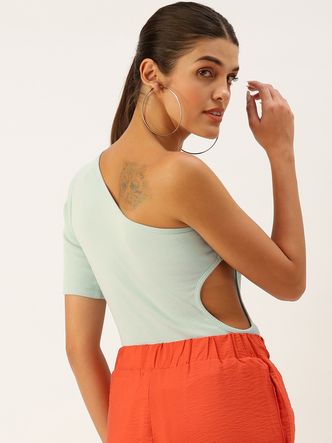 

FOREVER 21 Women Light Blue Self Design One-Shoulder Bodysuit With Cut-Out Detail