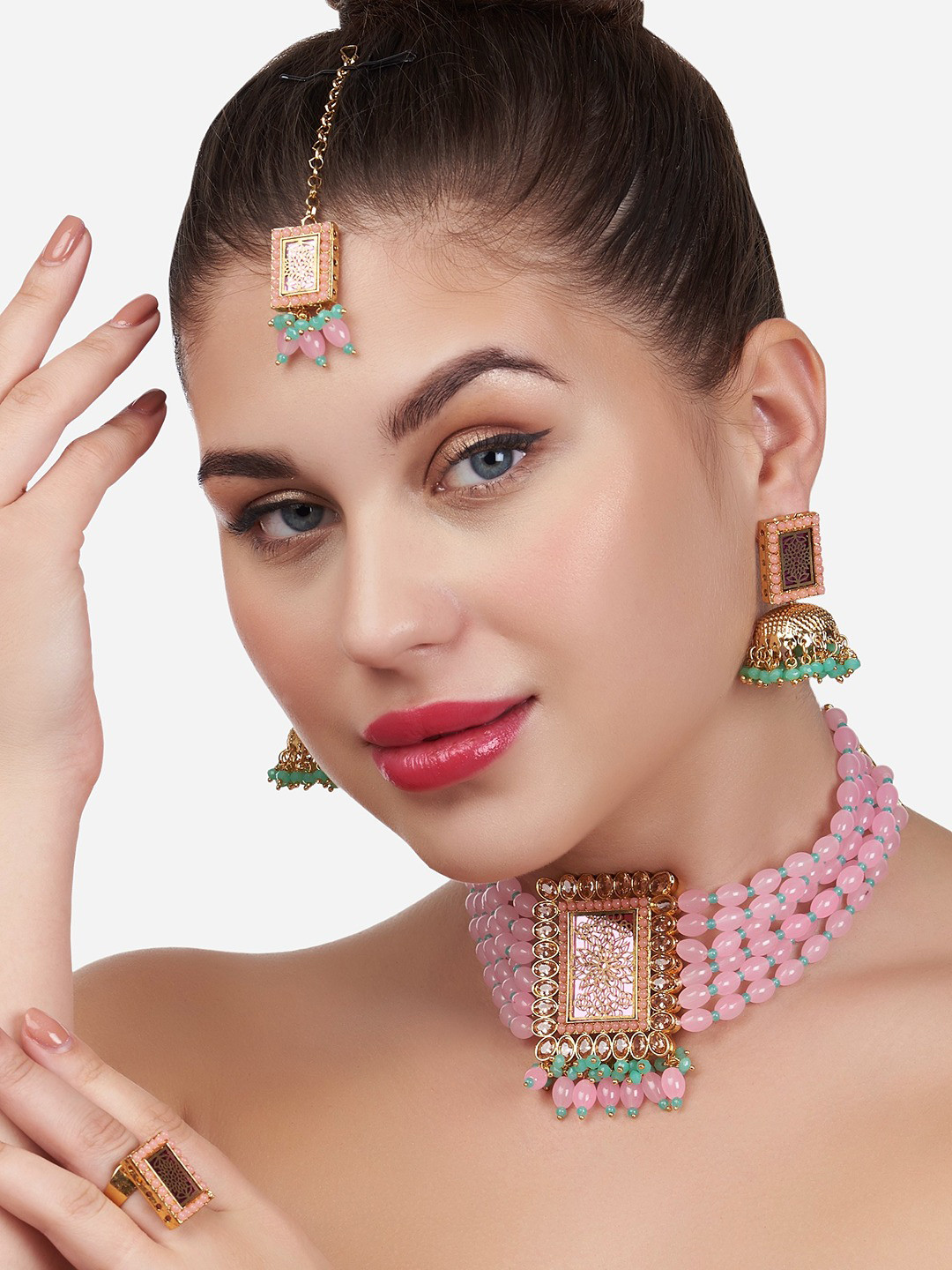 

Zaveri Pearls Gold-Plated Pink & Green Beaded Jewellery Set