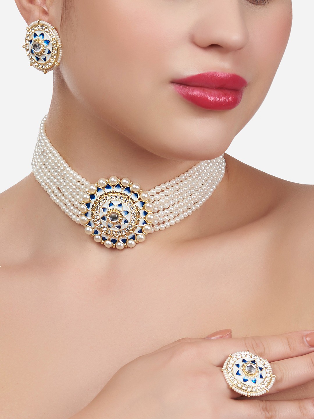 

Zaveri Pearls Gold-Plated Blue & White Pearl Studded & Beaded Jewellery Set