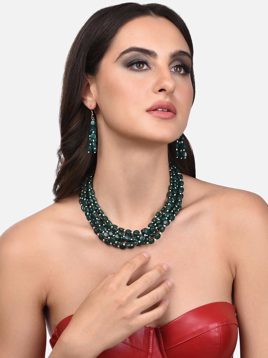 

Zaveri Pearls Green Beaded Stranded Jewellery Set