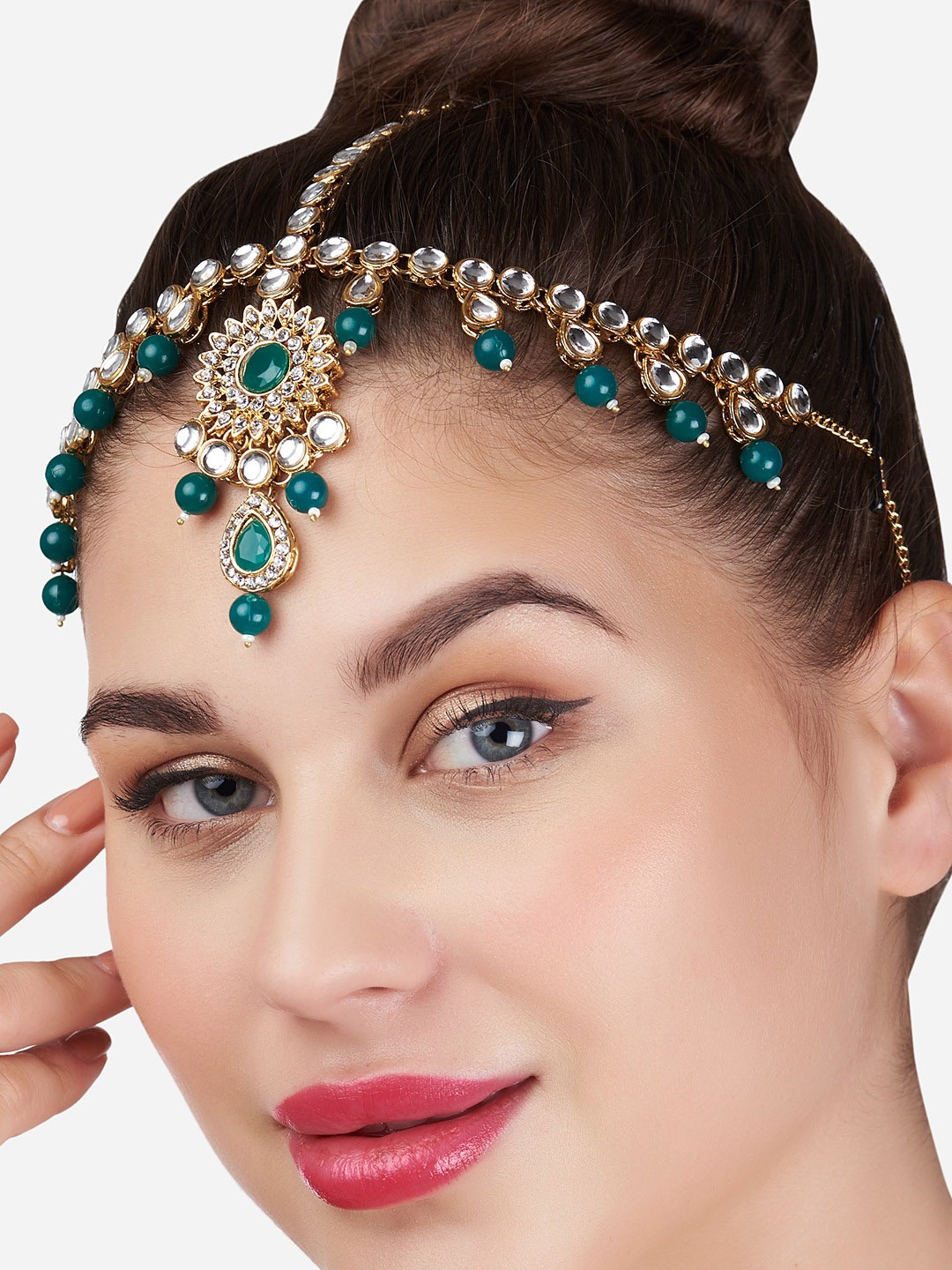 

Zaveri Pearls Gold Plated White & Green Kundan Studded Head Jewellery