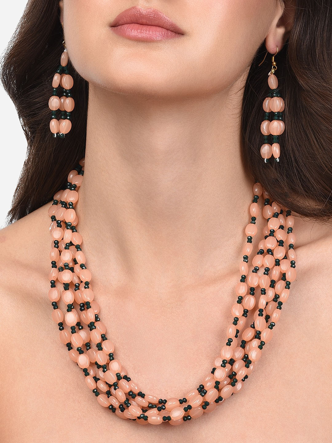 

Zaveri Pearls Gold Plated Peach-Coloured & Green Beaded Jewellery Set