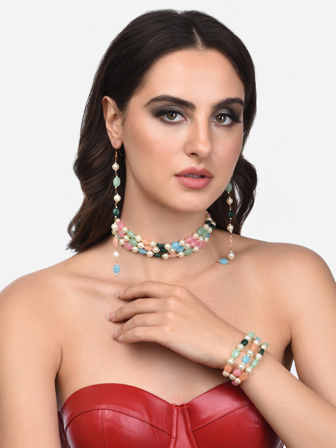 

Zaveri Pearls Gold-Plated Pink & Blue Beaded Jewellery Set