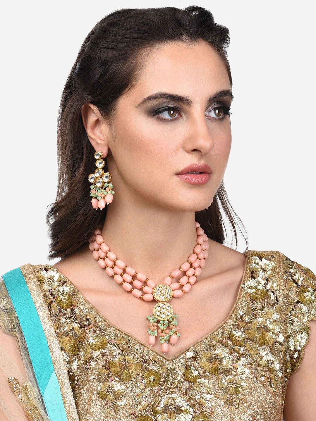 

Zaveri Pearls Gold-Plated Peach & Green Beaded & Kundan Studded Jewellery Set