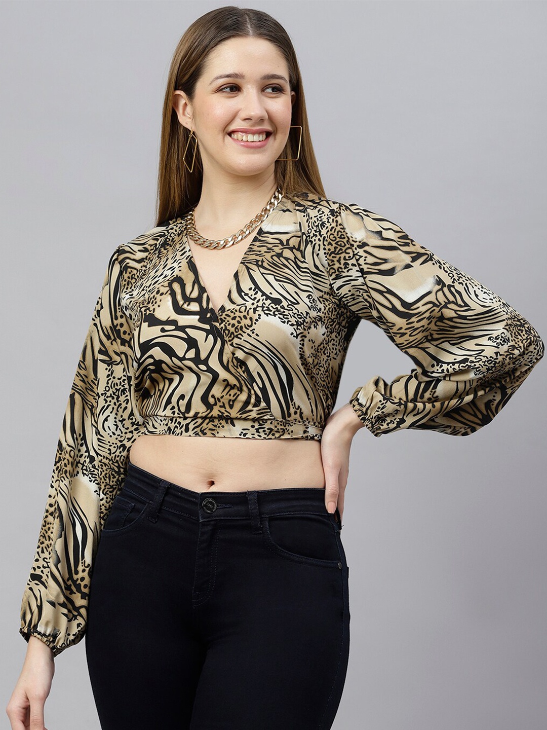 

FLAMBOYANT Beige Animal Print Crepe Wrap Crop Top