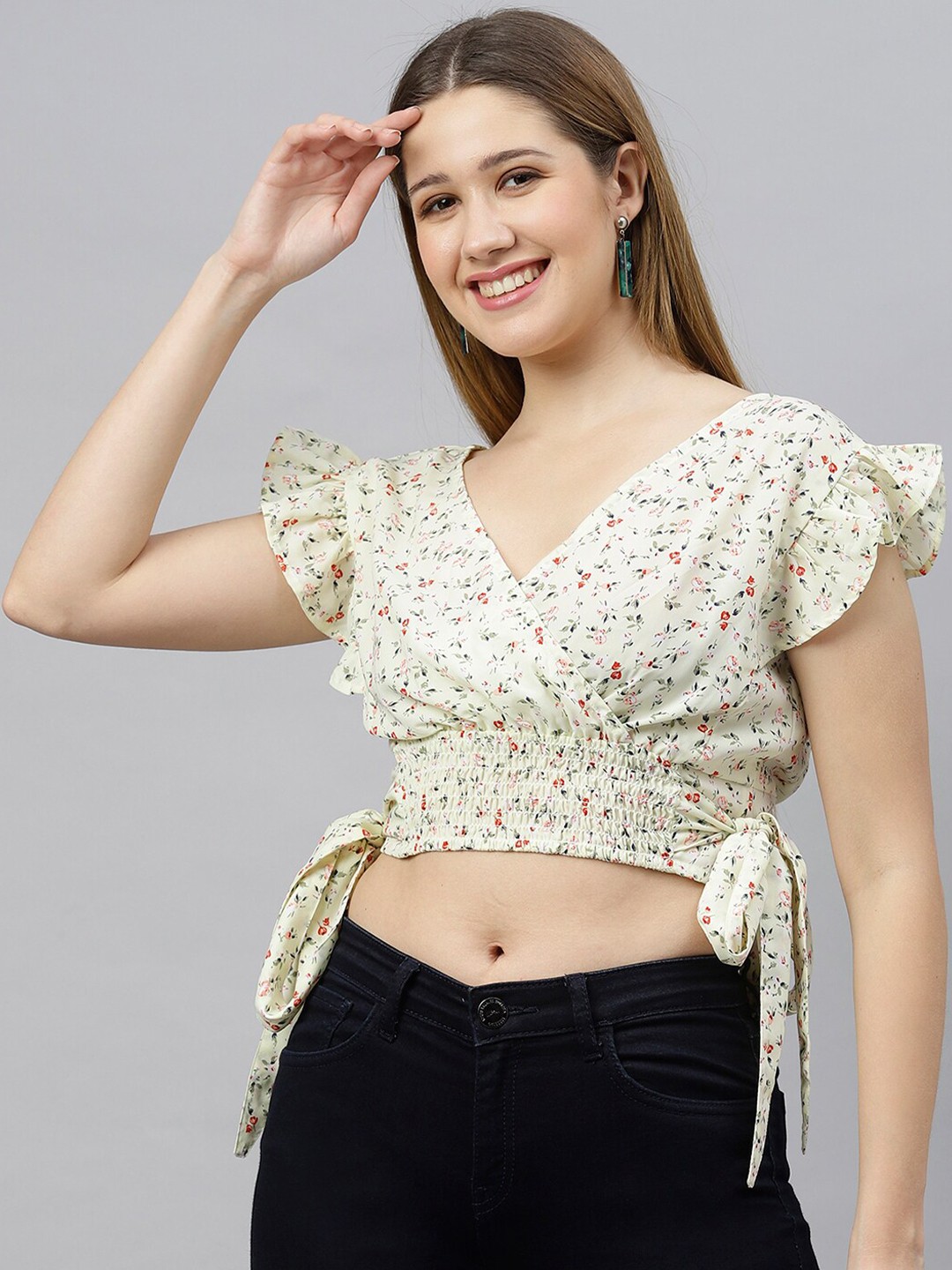 

FLAMBOYANT Beige Floral Print Crepe Wrap Crop Top