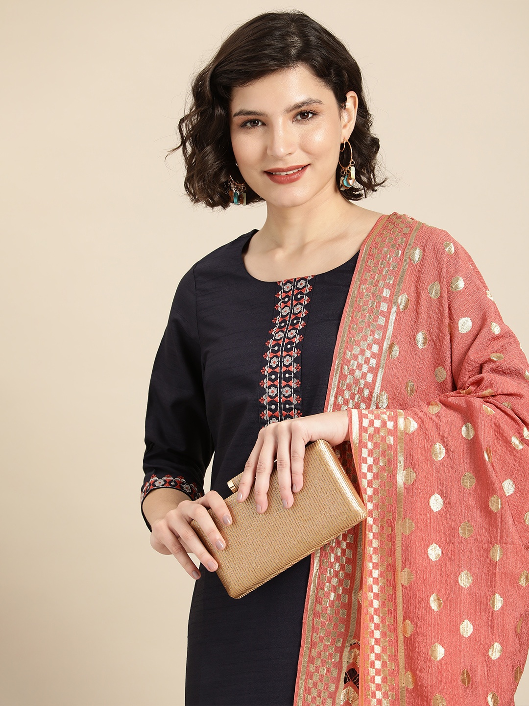 

Anouk Women Navy Blue Ethnic Motifs Embroidered Kurta with Trousers & Dupatta