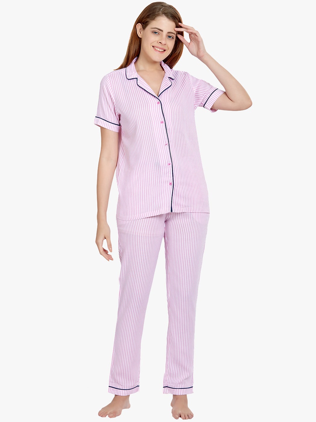 

MAYSIXTY Women White & Pink Striped Night suit