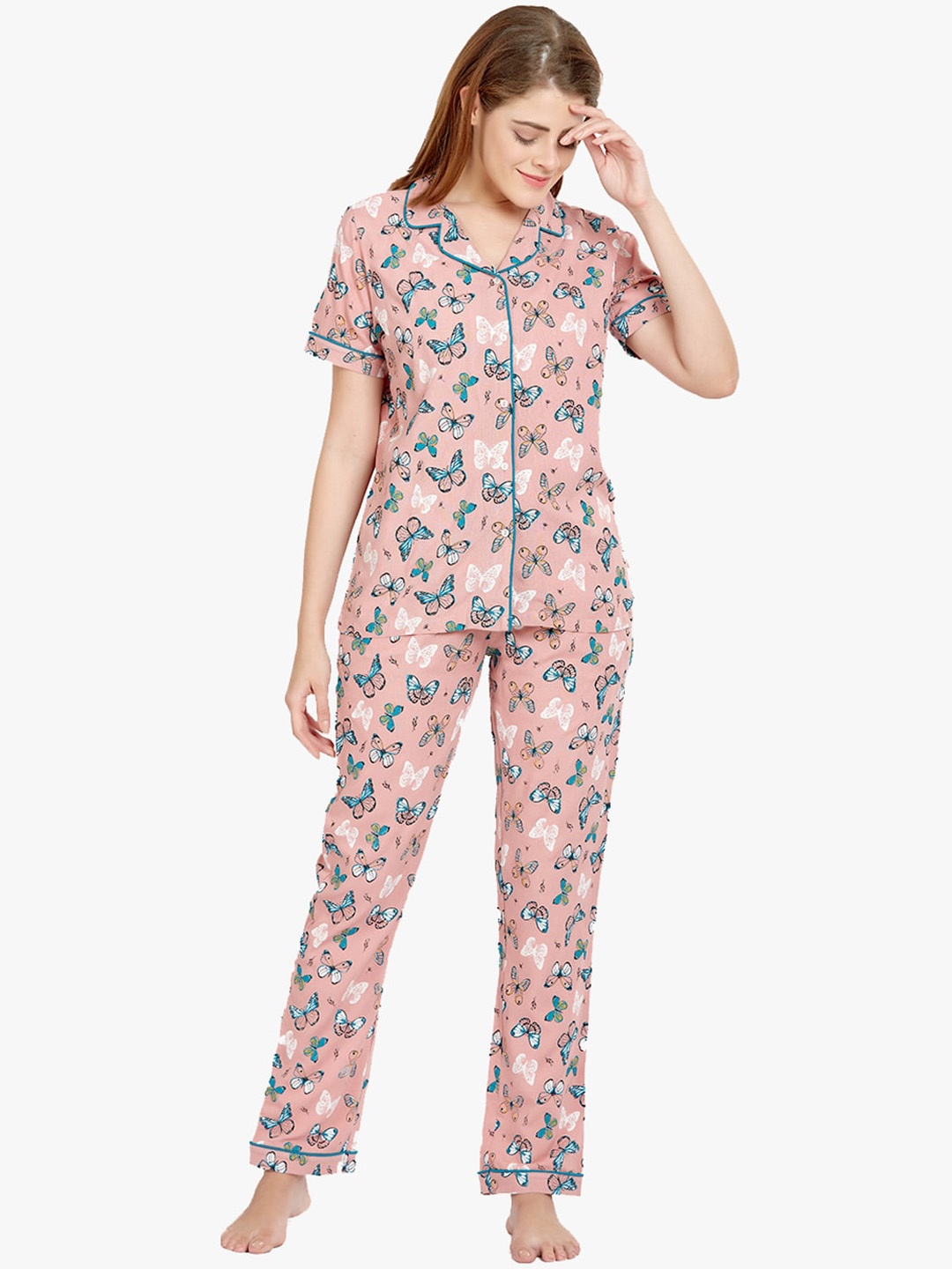 

MAYSIXTY Women Pink & Blue Printed Night Suit