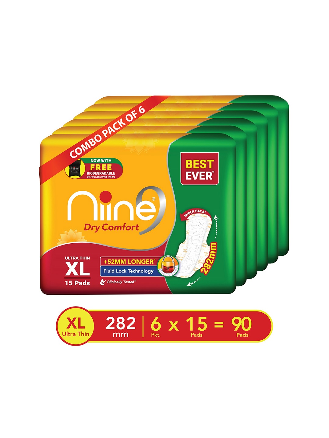 

Niine Set of 6 Dry Comfort Ultra Thin XL 275mm Sanitary Napkins - 15 Pads Each, Yellow