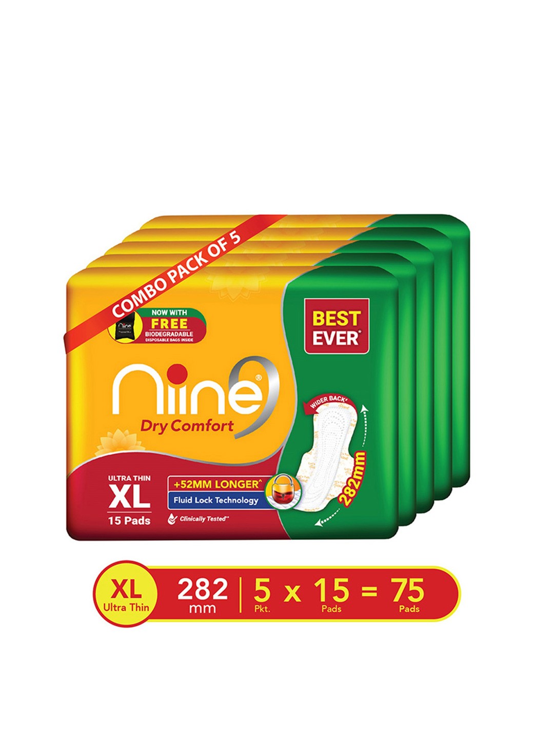 

Niine Set of 5 Dry Comfort 275mm Ultra Thin XL Sanitary Napkins - 15 Pads Each, Yellow