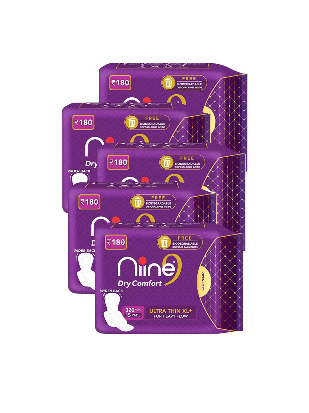 

Niine Set of 5 Dry Comfort Ultra Thin XL Sanitary Pads for Heavy Flow - 15 Pads Per Pack, Purple