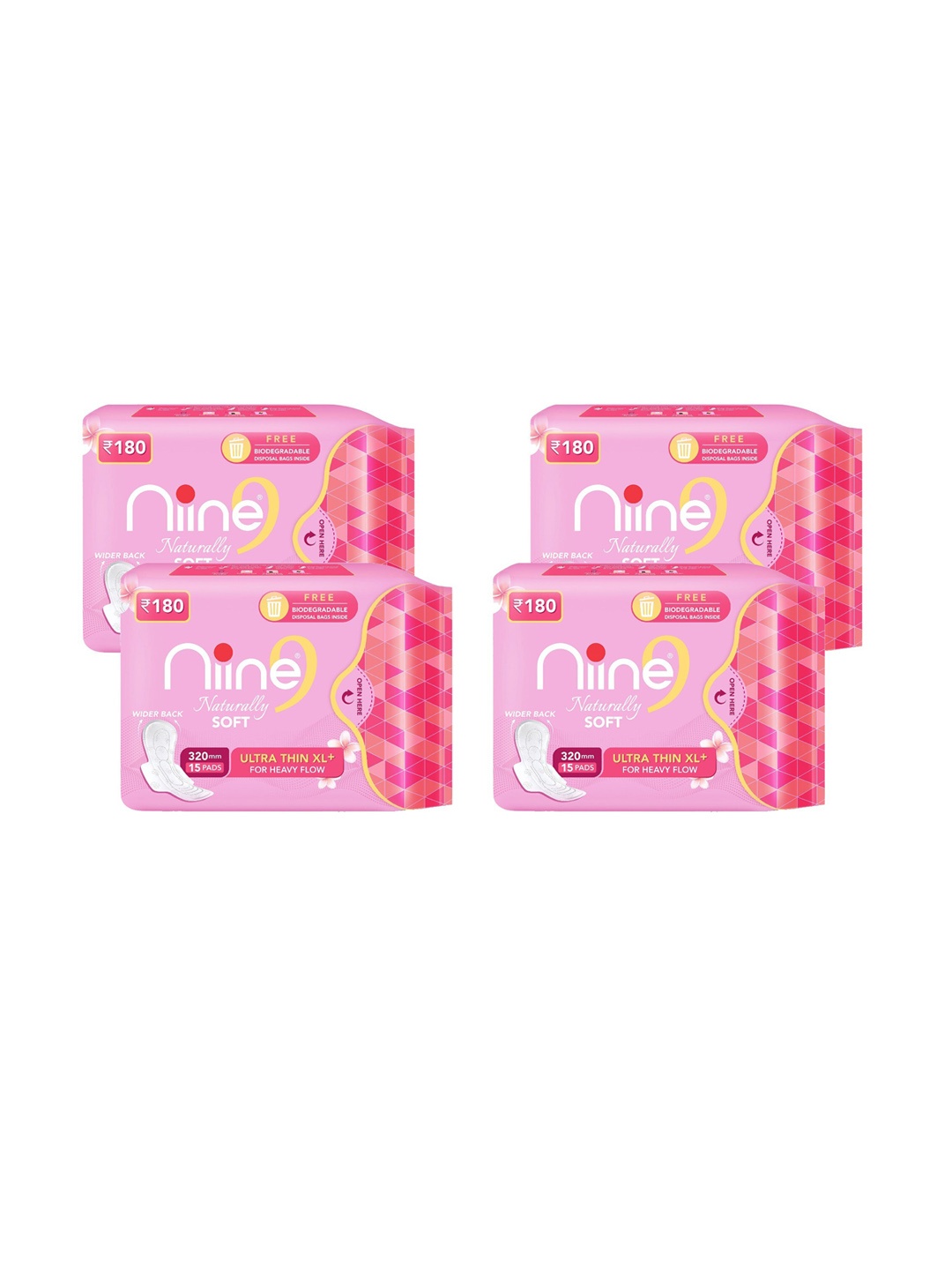 

Niine Set of 4 Naturally Soft Ultra Thin XL+ Sanitary Napkins for Heavy Flow- 15 Pads each, Pink