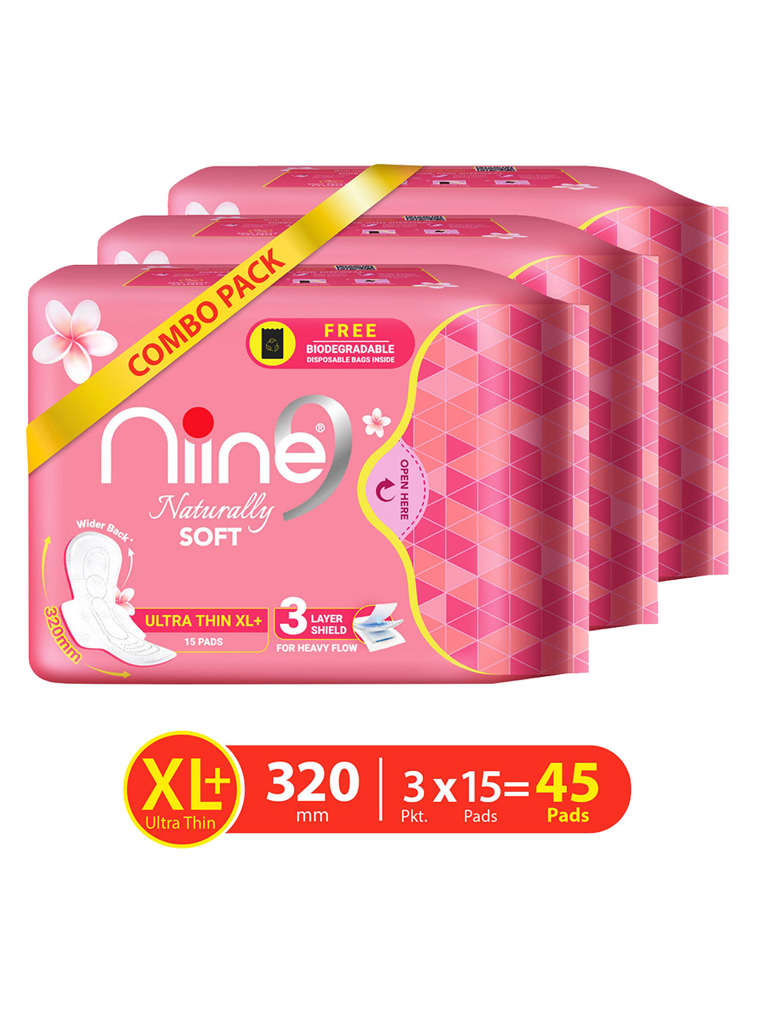 

Niine Set of 3 Naturally Soft Ultra Thin XL Sanitary Pads for Heavy Flow -15 Pads Per Pack, Pink