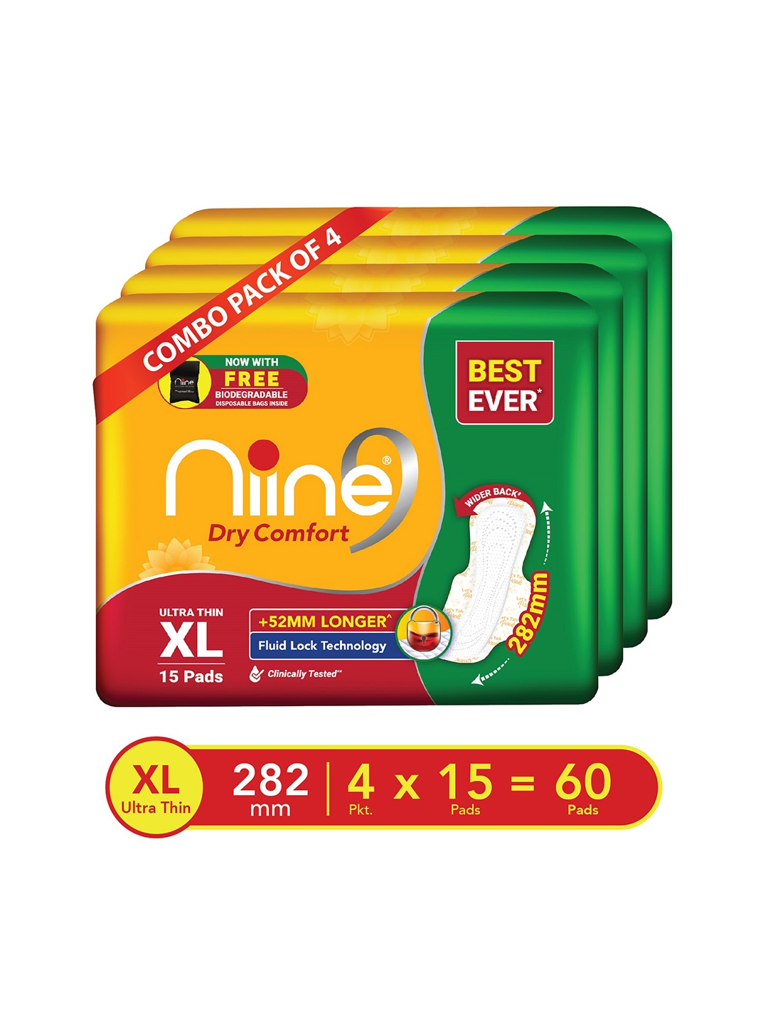 

Niine Set of 4 Dry Comfort Ultra Thin XL Sanitary Pads - 15 Pads Per Pack, Yellow