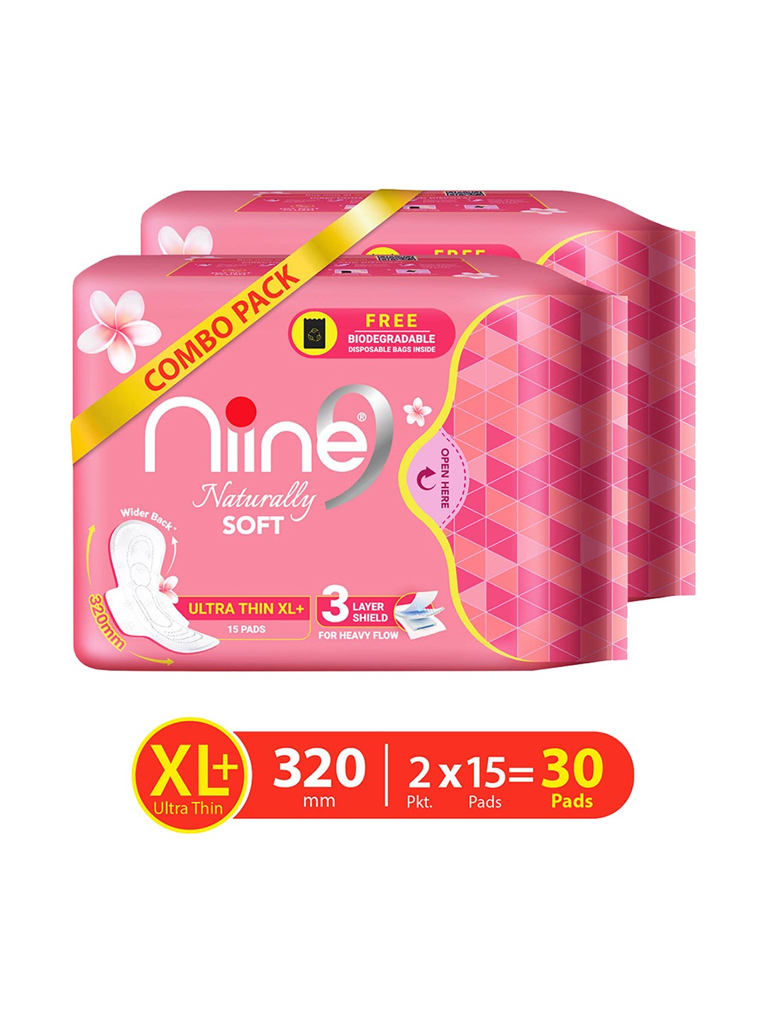 

Niine Set of 2 Naturally Soft Ultra Thin XL+ Sanitary Napkins for Heavy Flow- 15 Pads each, Pink