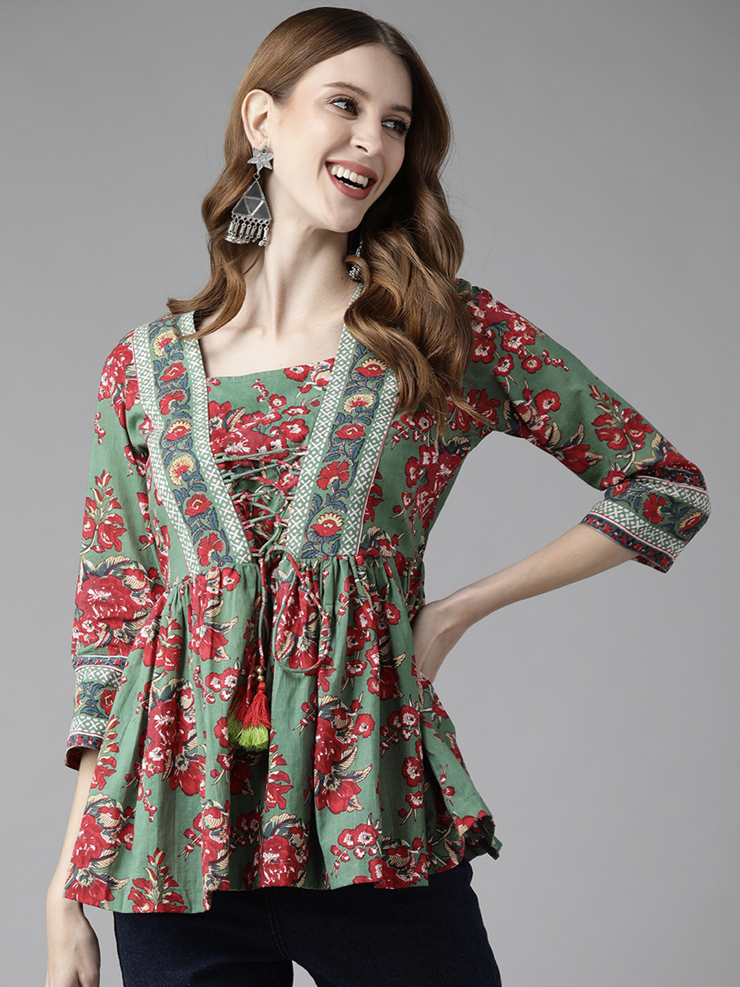 

Rain & Rainbow Gather A-Line Print Top, Green