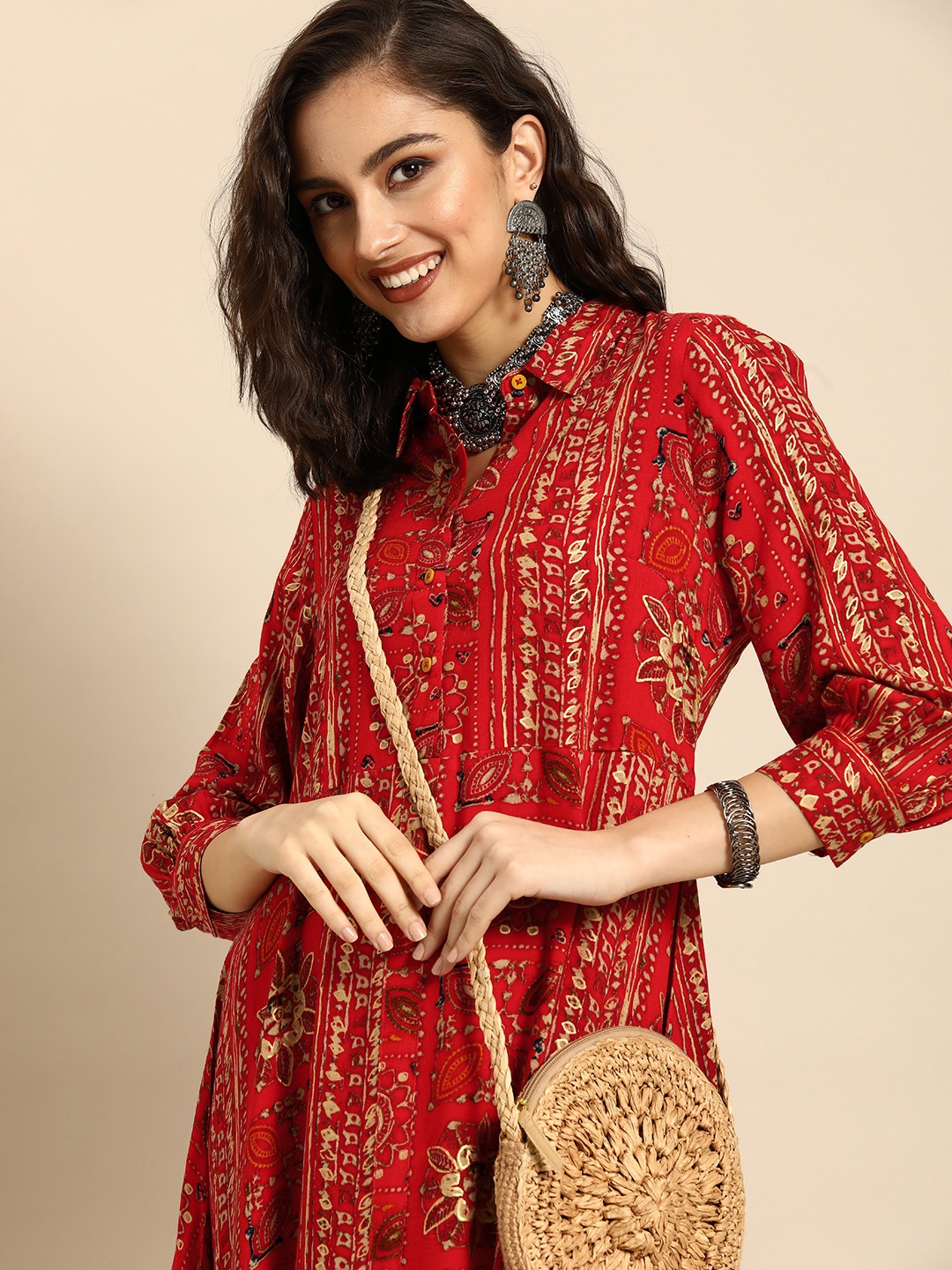 

Sangria Red & Beige Ethnic Motifs Shirt Style Asymmetric Hem Midi Dress