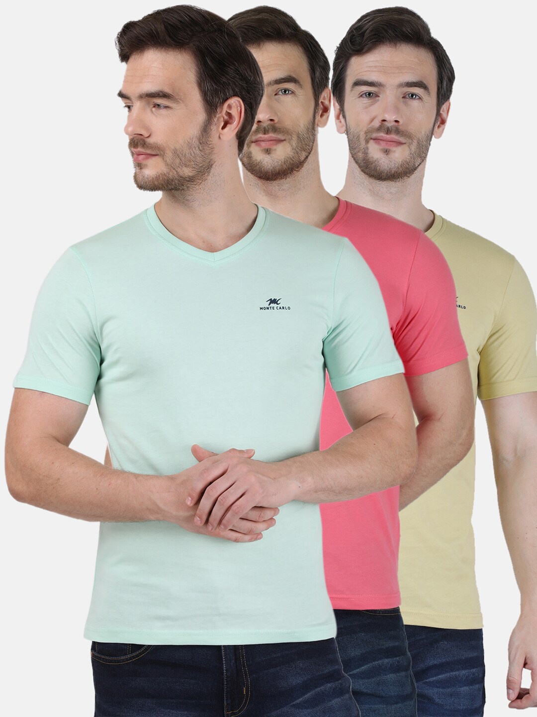 

Monte Carlo Men Tan & Pink Pack of 3 V-Neck Pure Cotton T-shirt