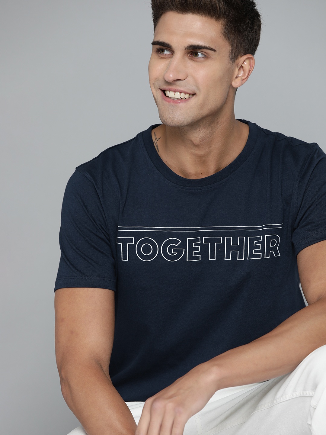 

Mast & Harbour Men Navy Blue & White Typography Printed T-shirt
