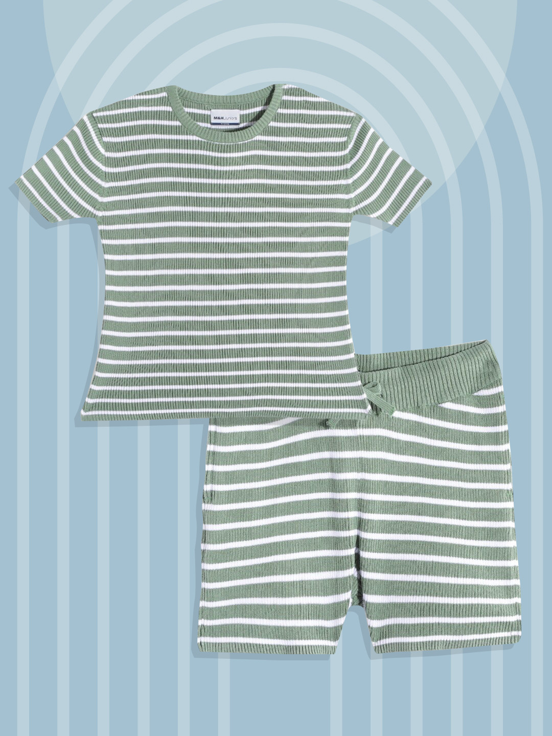 

M&H Juniors Girls Green & White Striped Pure Cotton T-shirt with Shorts