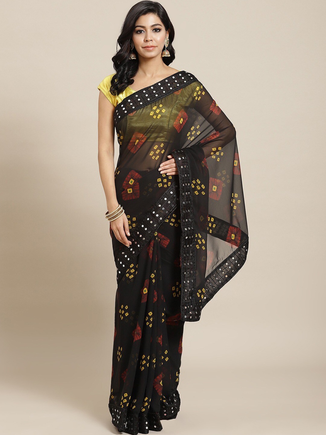 

KALINI Black & Yellow Bandhani Embroidered Bandhani Saree