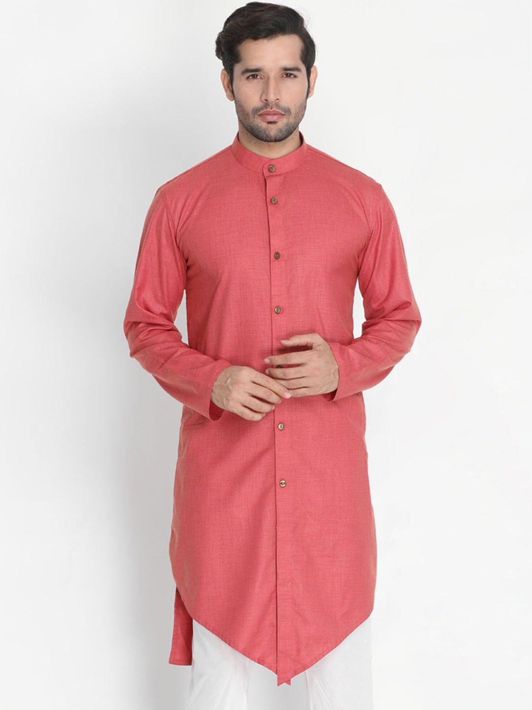 

VASTRAMAY Men Pink & desert rose Embroidered Flared Sleeves Thread Work Kurta