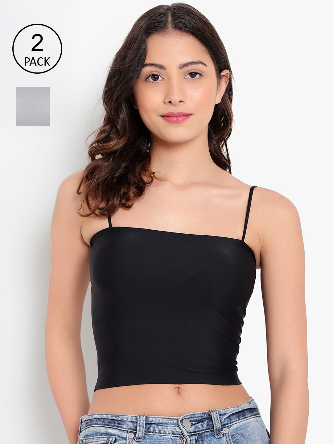 

PARKHA Set Of 2 Solid Straight Neckline Padded Camisole, Black