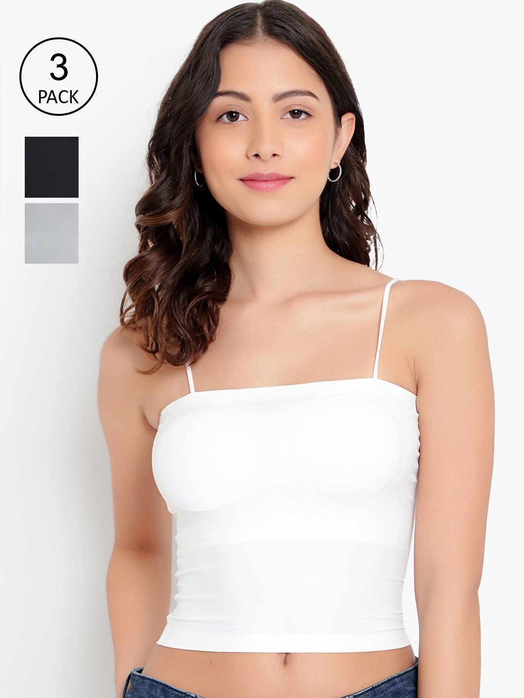 

PARKHA Set Of 3 Solid Straight Neckline Padded Camisole, White
