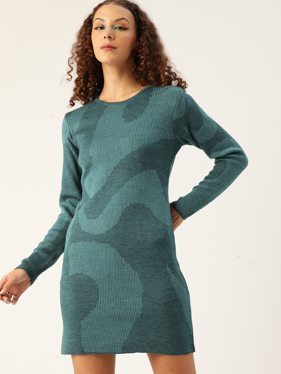 

Kook N Keech Women Teal Green Self-Design Acrylic Jumper Dress