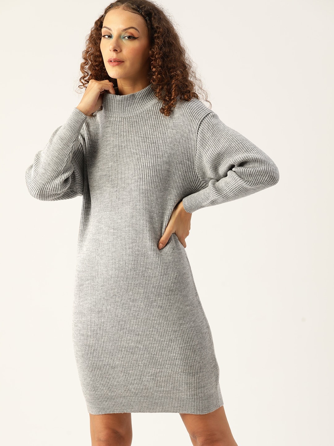 

Kook N Keech Women Grey Ribbed High Neck Jumper Dress